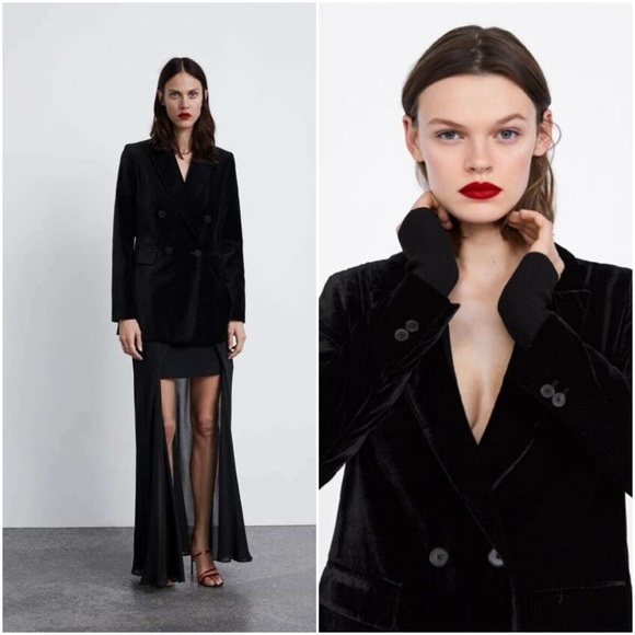 ZARA WOMAN Black Velvet Effect Satin Accent Double Breasted Tuxedo Blazer - Picture 5 of 10